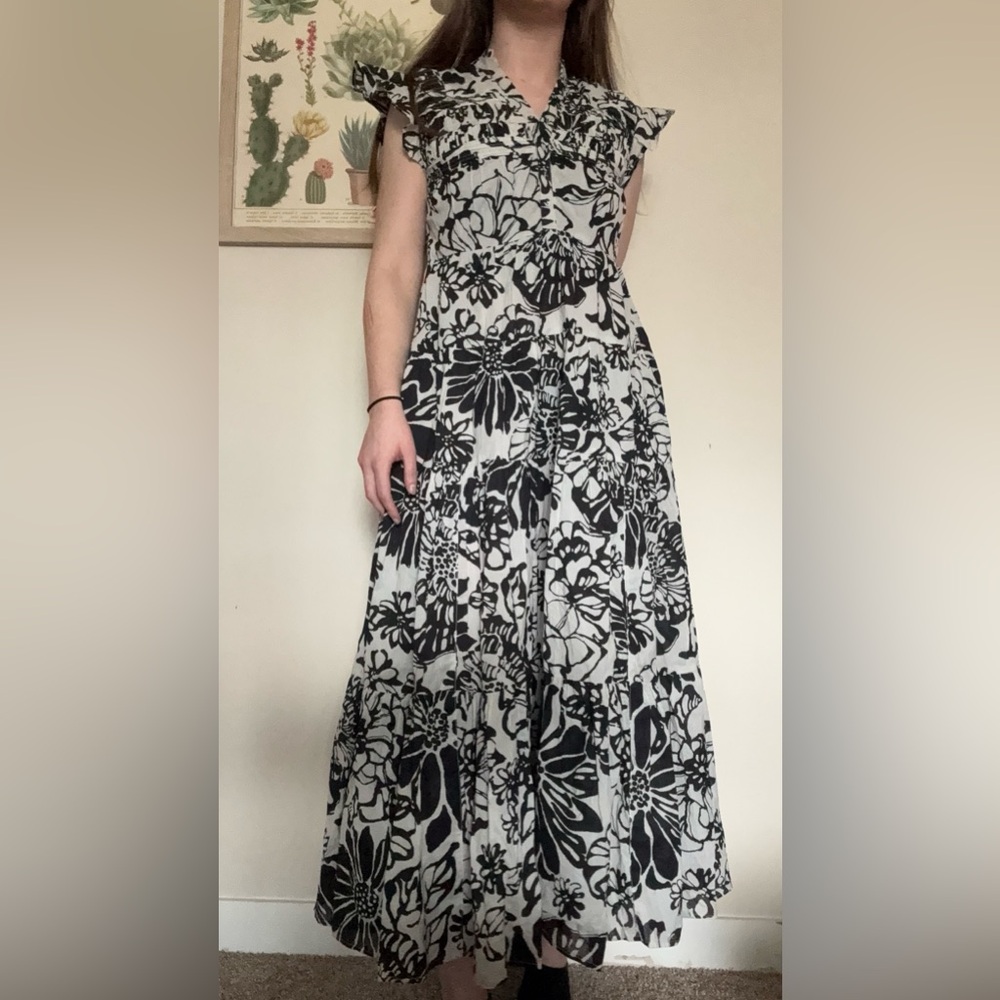 Sundance black and light gray floral maxi summer dress with ruffle sleeves